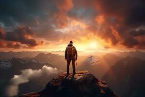 Man standing on top of the mountain and looking at the sunset AI generated photo