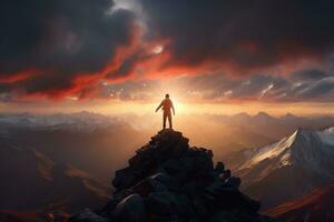 Man standing on top of the mountain and looking at the sunset AI generated photo