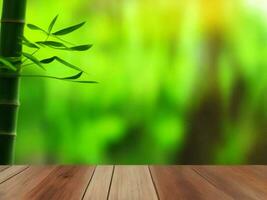 Wooden table on bamboo plant background ai generated photo