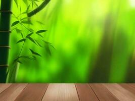 Wooden table on bamboo plant background ai generated photo