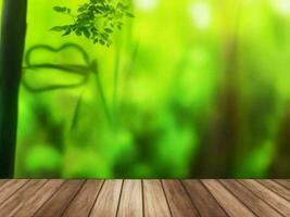 Wooden table on bamboo plant background ai generated photo