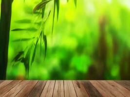 Wooden table on bamboo plant background ai generated photo