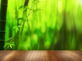 Wooden table on bamboo plant background ai generated photo