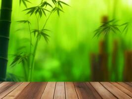 Wooden table on bamboo plant background ai generated photo