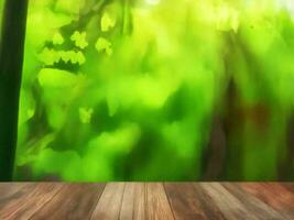 Wooden table on bamboo plant background ai generated photo