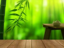 Wooden table on bamboo plant background ai generated photo