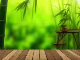 Wooden table on bamboo plant background ai generated photo