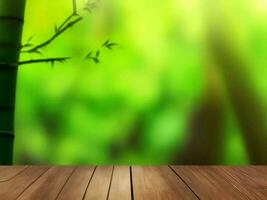 Wooden table on bamboo plant background ai generated photo