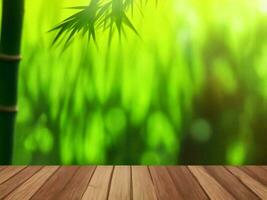 Wooden table on bamboo plant background ai generated photo