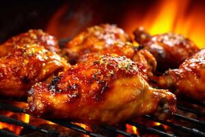 Grilled chicken legs on a barbecue grill with flames in the background photo