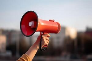 Megaphone in the hands of a girl on the background of the city photo