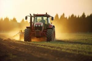 Tractor spraying pesticides on field with sprayer at sunset. photo