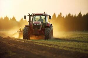 tractor pulverización pesticidas en campo con rociador a puesta de sol. ai generado foto