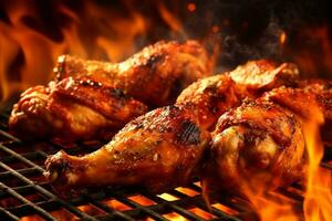 Grilled chicken legs on a barbecue grill with flames in the background Ai Generated photo