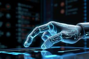 Robot hand touching hologram screen on blue background 3D rendering photo
