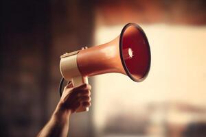 Megaphone in the hands of a girl on the background of the city photo