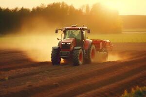 Tractor spraying pesticides on field with sprayer at sunset. photo