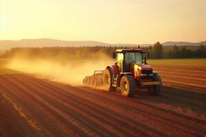 tractor pulverización pesticidas en campo con rociador a puesta de sol. ai generado foto