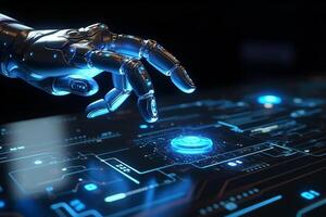 Robot hand touching hologram screen on blue background 3D rendering photo
