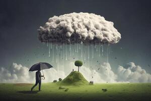 Businesswoman with umbrella standing on the edge of a stormy field Ai Generated photo