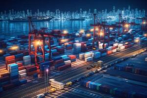 Container Cargo freight ship with working crane bridge in shipyard for Import Export background. photo