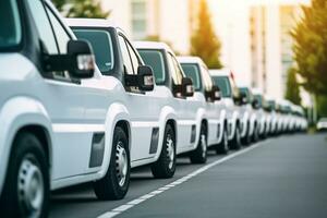 fila de nuevo blanco carros estacionado en un fila en un estacionamiento lote ai generado foto