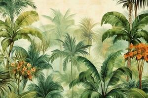 Tropical background with palm trees, watercolor painting illustration. Ai Generated photo