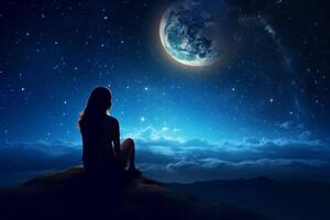 mujer meditando en frente de el estrellado noche cielo. 3d representación ai generado foto