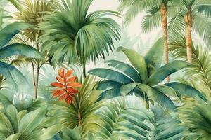 Tropical background with palm trees, watercolor painting illustration. Ai Generated photo