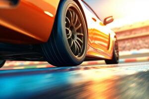 Sport car on the road side view with motion blur background. 3d rendering Ai Generated photo