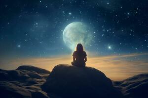 mujer meditando en frente de el estrellado noche cielo. 3d representación ai generado foto