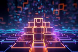 3d rendering of abstract geometric technological background with glowing cubes in the dark photo