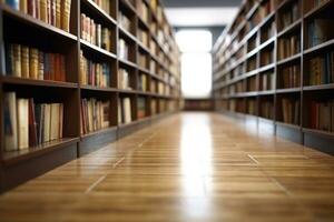 vacío biblioteca habitación con muchos estantería y de madera piso. nadie dentro foto