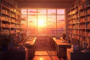 moderno biblioteca interior con estante para libros, estante para libros y ciudad ver puesta de sol ai generado foto