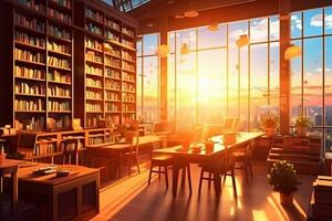moderno biblioteca interior con estante para libros, estante para libros y ciudad ver puesta de sol ai generado foto