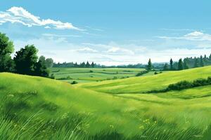 Summer landscape with green meadow, forest and blue sky. Vector illustration. photo