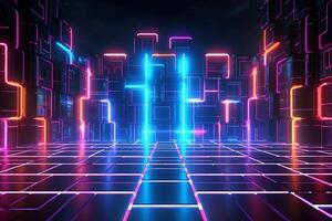 3d rendering of abstract geometric technological background with glowing cubes in the dark photo