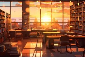 modern library interior with bookshelf, bookshelf and city view sunset photo