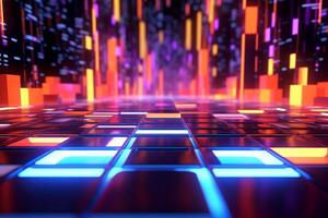 3d rendering of abstract geometric technological background with glowing cubes in the dark photo