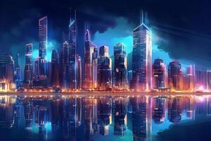 Night view of skyscrapers in futuristic illustration photo