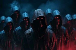 Group of unknown hooded people standing in front of a glowing stage. Ai Generated photo