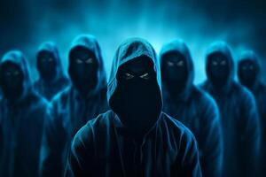 Group of unknown hooded people standing in front of a glowing stage. Ai Generated photo