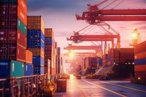 Cargo containers in a port at night. 3D Rendering photo
