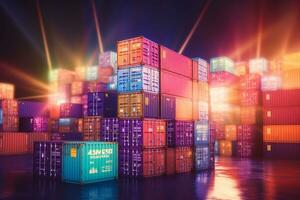 Cargo containers in a port at night. 3D Rendering Ai Generated photo