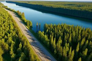 Aerial view of the road in the middle of the forest. Ai Generated photo