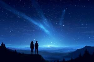Silhouette of a man and a woman standing on a rock looking at the starry sky Ai Generated photo