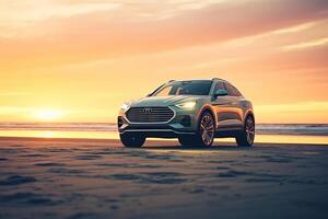 3D rendering of a brand-less generic SUV car on the beach photo