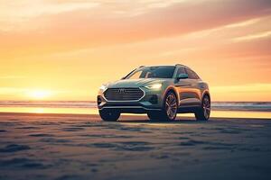 3D rendering of a brand-less generic SUV car on the beach Ai Generated photo