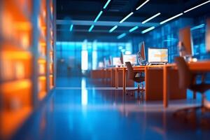 Modern office interior. 3d rendering toned image double exposure blur photo