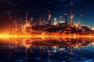 Double exposure of petrochemical industrial plant on black background. 3D rendering Ai Generated photo